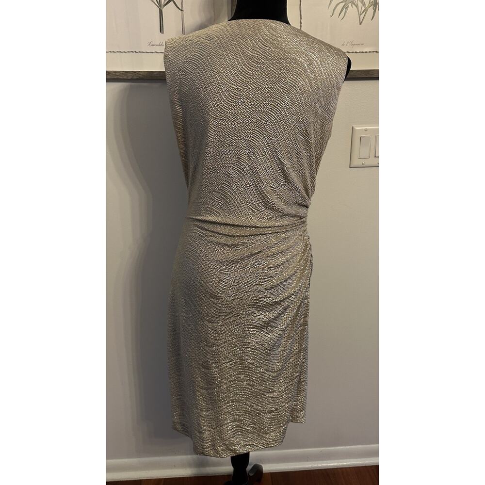 Gold Metallic Dress Ruched Sleeveless Drapey Cowl Neck Sheath Size 12 Cocktail - Picture 2 of 7
